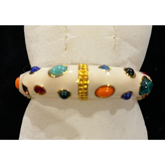 Signed KJL  Kenneth Jay Lane Ivory White Enamel MultiGem Cabochon Bangle Book Pc - Picture 9 of 11